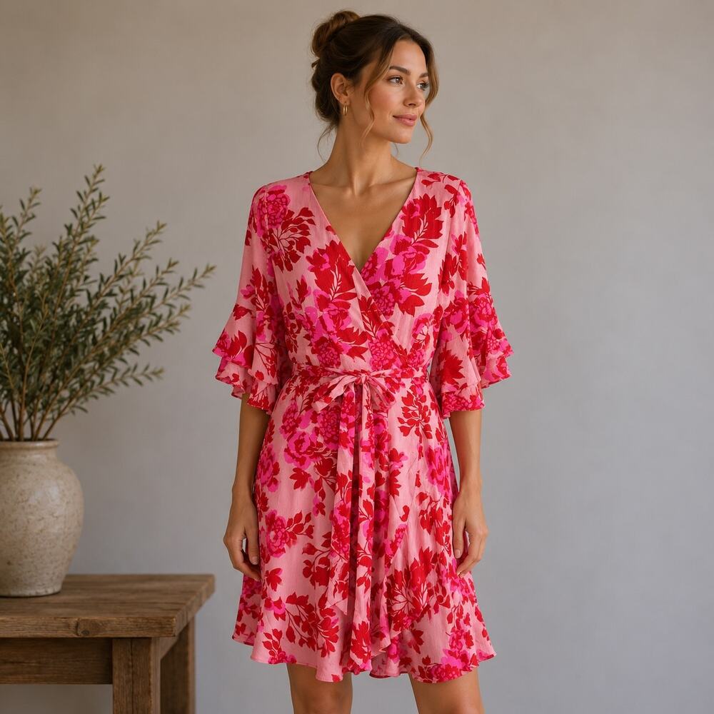 City Chic Pink Red Scarlet Floral Tie Waist Knee Length Dress NWT 18